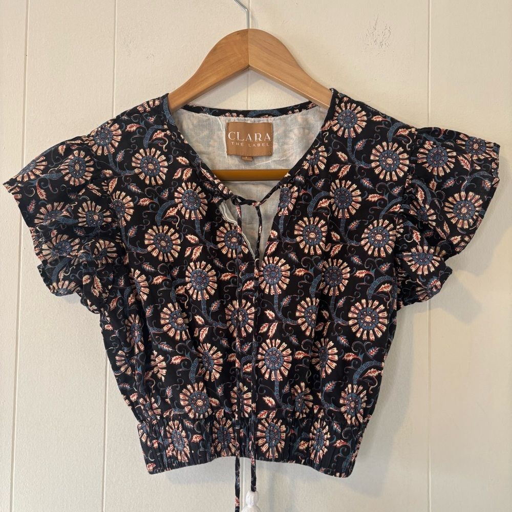 Clara The Label Floral Peasant Crop Top Flutter Sleeve Cotton Sustainable Large